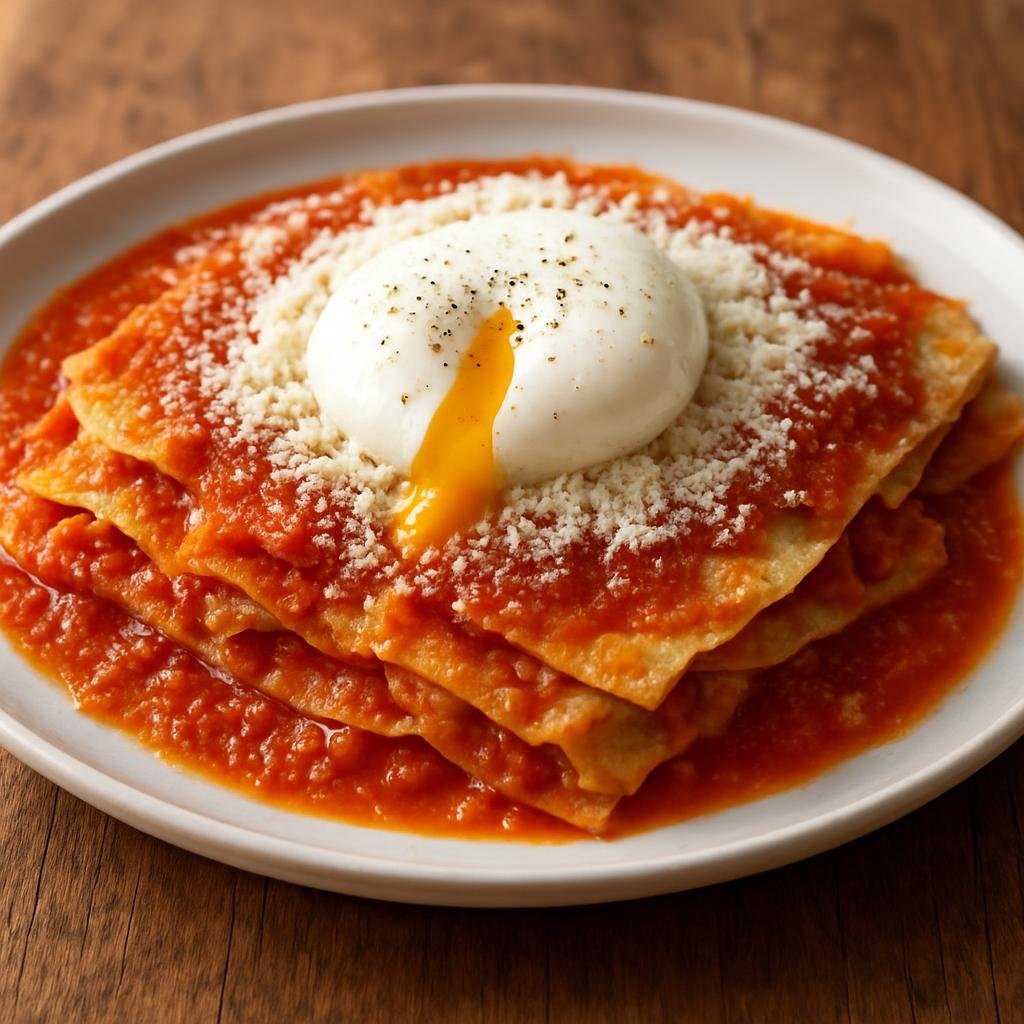 Entree: Italy – Sardinia – Pane Frattau (Layered Sardinian dish of softened carasau bread dressed with tomato sauce, grated Pecorino Sardo, and topped with a poached egg) recipe