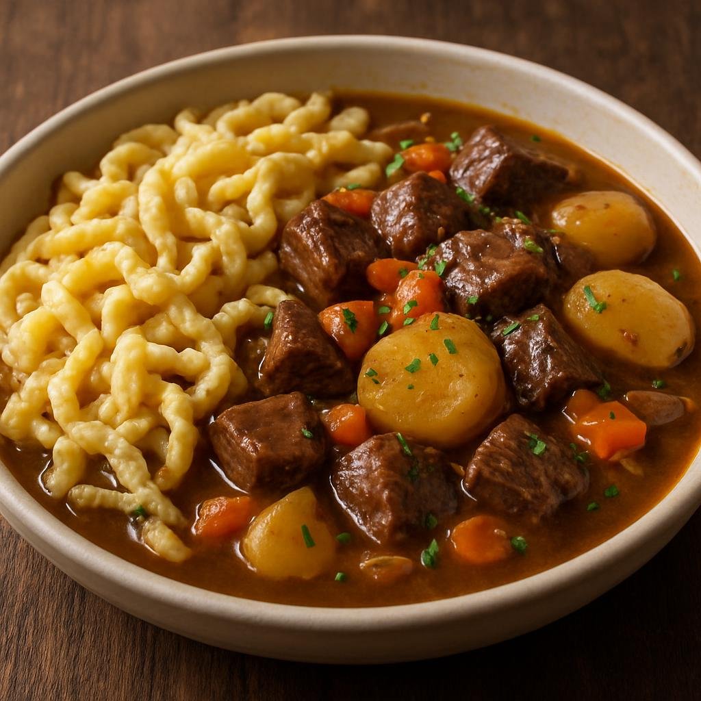 Entree: Germany – Wurttemberg – Gaisburger Marsch (Hearty Wurttemberg beef and potato stew served with spaetzle in a rich broth) recipe
