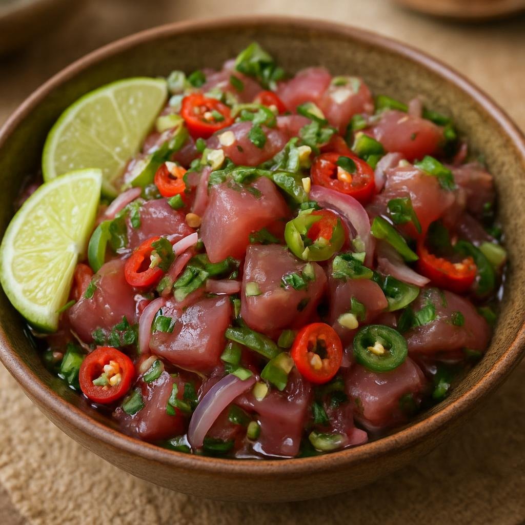 Entree: Indonesia – Manado / North Sulawesi – Gohu Ikan (Raw marinated tuna salad from Manado with lime, chilies, and aromatic herbs) recipe