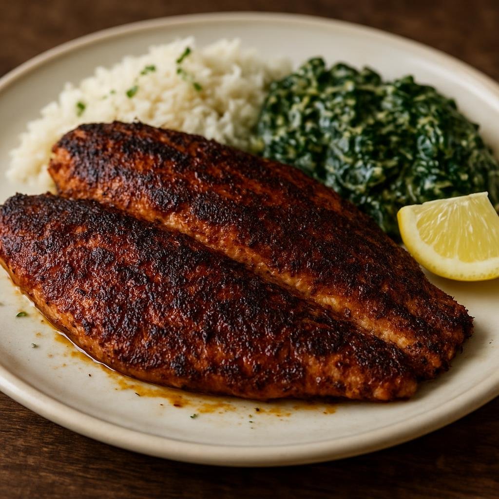 Entree: United States – Gulf Coast – Blackened Redfish (Redfish fillets seared in a dark, spicy Cajun-style crust for a smoky, charred exterior and tender interior) recipe