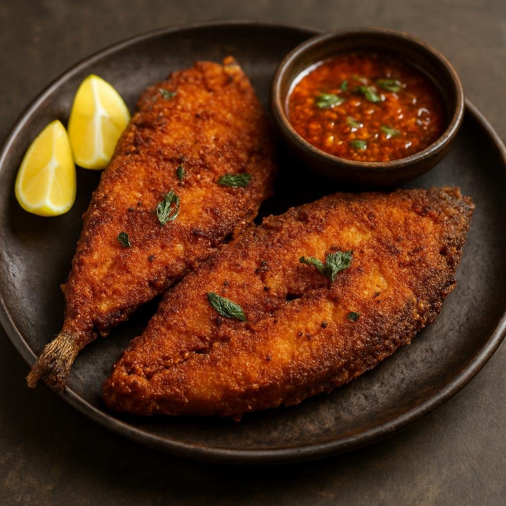 Entree: India – Interior Karnataka – ಕಾಣೆ ರವಾ ಫ್ರೈ ➤ Kāne Rava Fry (Crisp semolina-coated fried fish seasoned with Karnataka spices) recipe