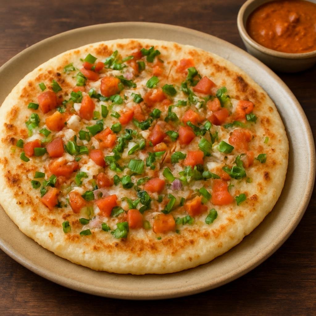Entree: India – Interior Karnataka – ಉಟ್ತಪಂ ➤ Uttapam (Thick savory fermented rice and lentil pancake topped with vegetables) recipe
