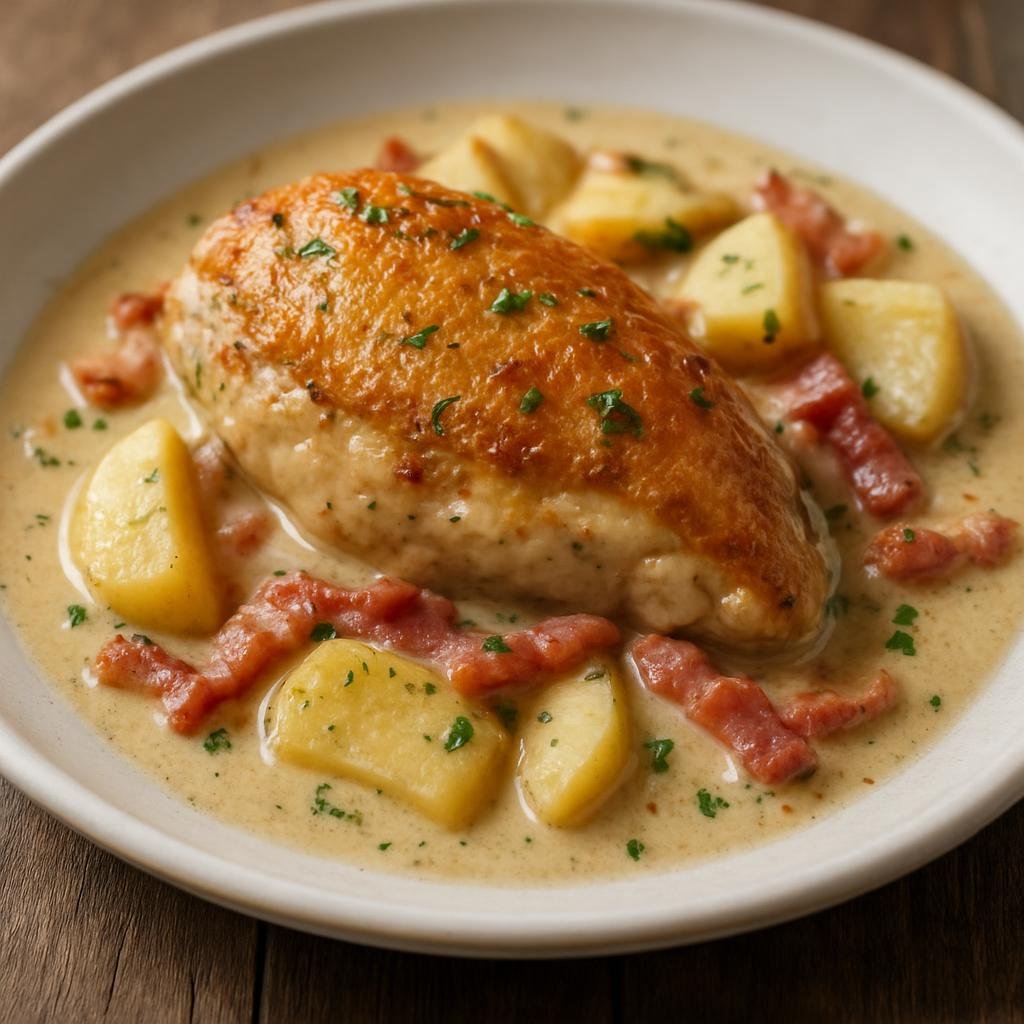 Entree: France – Normandy – Poulet Vallée d'Auge (Chicken braised in Norman apple cider and Calvados with cream and bacon) recipe