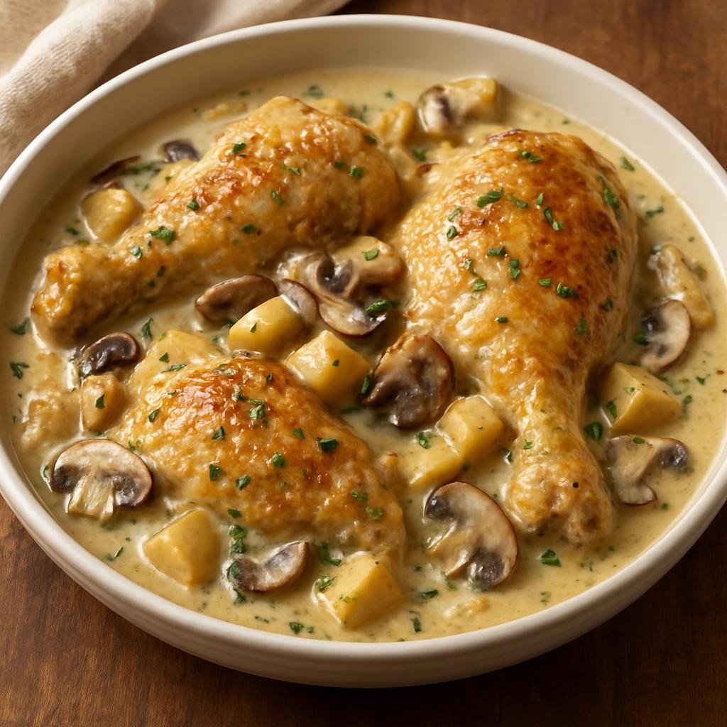 Entree: France – Normandy – Poulet à la Crème Normande (Normandy-style chicken braised in a creamy apple brandy and mushroom sauce) recipe