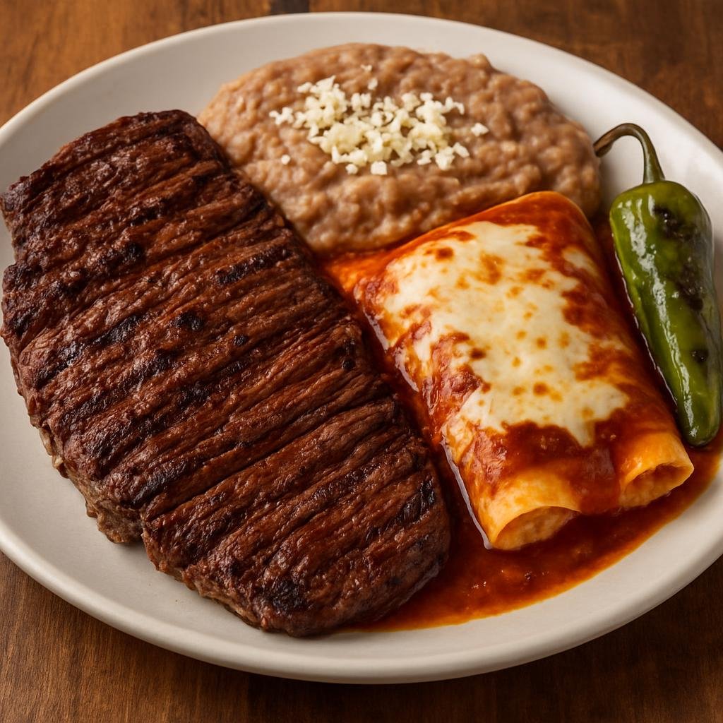 Entree: Mexico – Tamaulipas & Gulf North – Tampiqueña (Grilled skirt steak plated with a cheese enchilada, refried beans, and roasted pepper) recipe