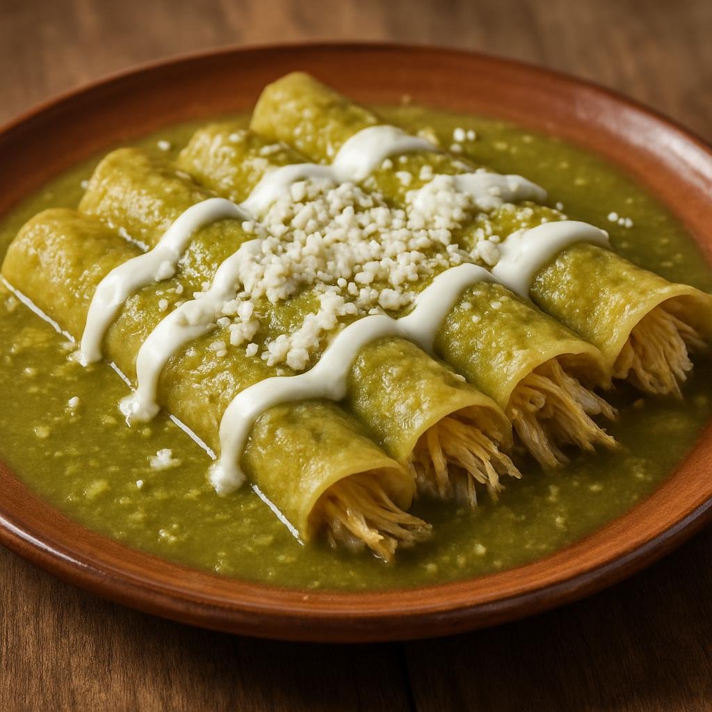 Entree: Mexico – Tamaulipas & Gulf North – Enchiladas Huastecas (Corn tortillas filled with shredded chicken, bathed in a tangy tomatillo‑chile sauce and topped with crema and cheese) recipe