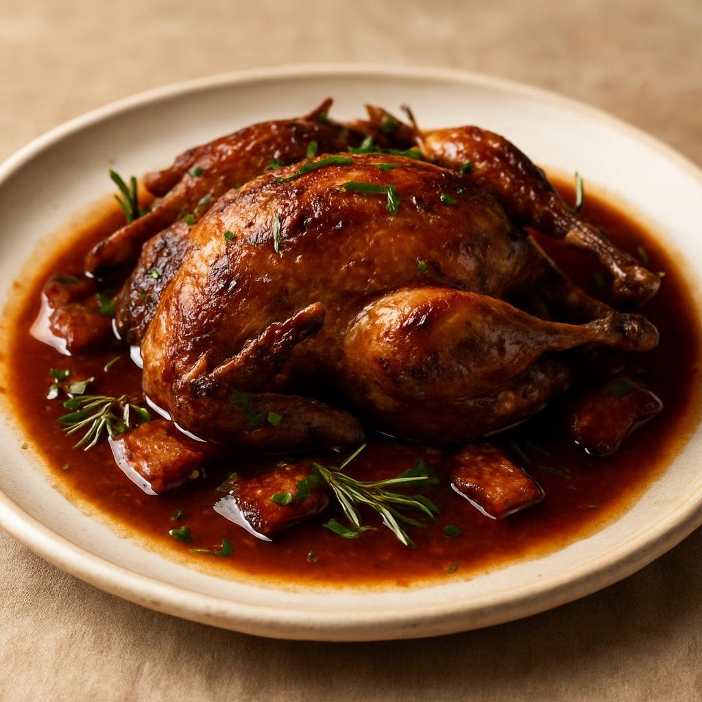 Entree: Italy – Umbria – Piccione alla Perugina (Roasted and braised Perugian-style pigeon with pancetta, herbs and a red-wine pan sauce) recipe