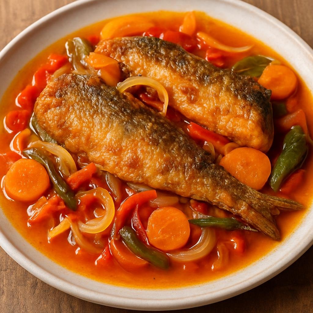 Entree: Mexico – Veracruz – Pescado en Escabeche (Fried fish marinated in a tangy vinegar–tomato pickling sauce with vegetables and chiles) recipe