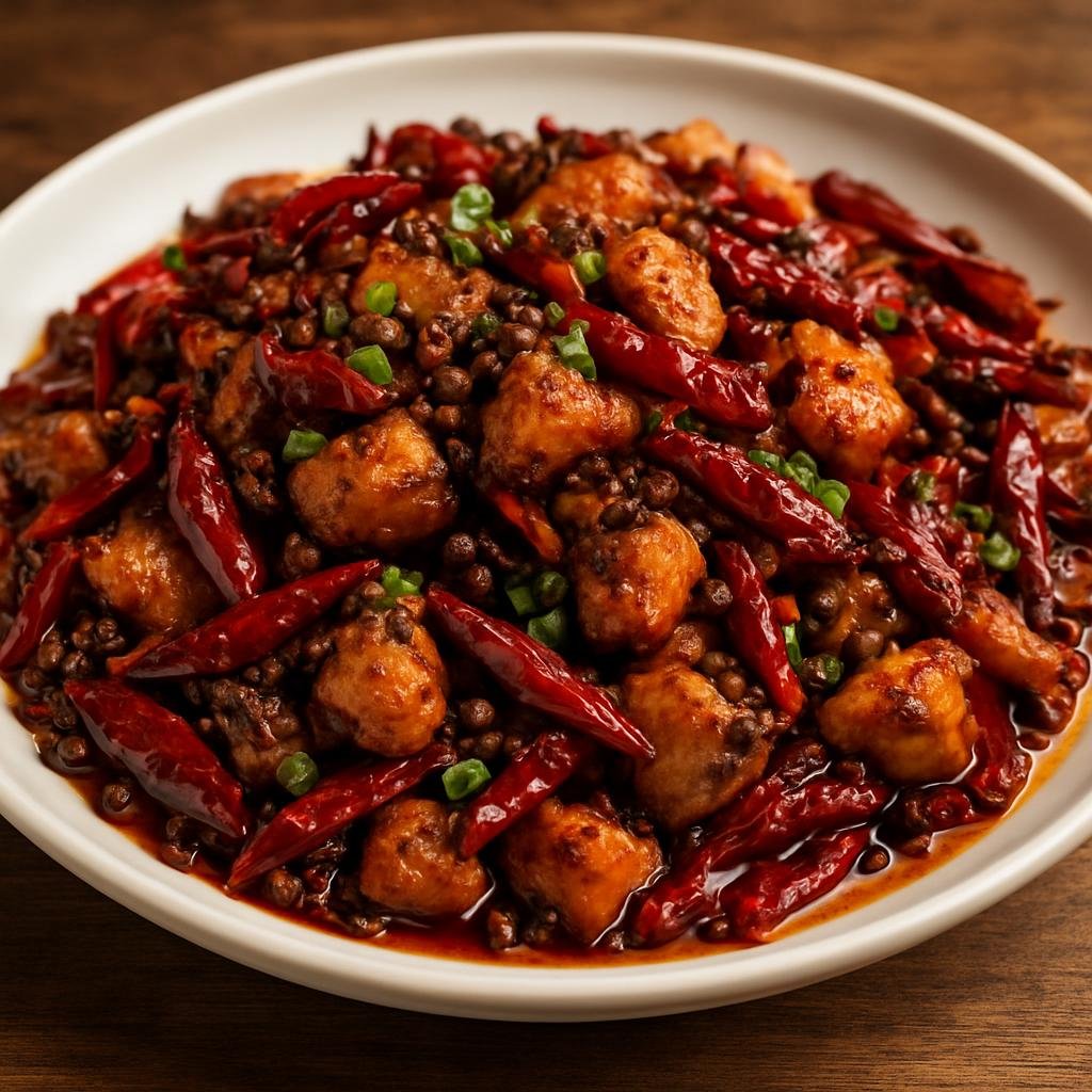 Entree: China – Qinghai – 青海辣子鸡 ➤ Qīnghǎi làzǐ jī (Spicy dry-fried chicken with dried chilies and numbing peppercorns typical of Qinghai) recipe