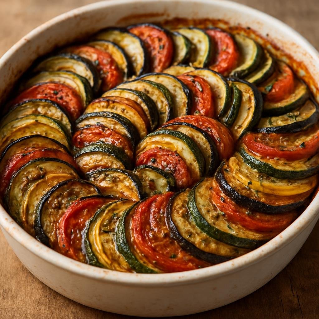 Entree: France – Provence – Tian de Légumes (Provençal baked layered vegetables, slow-roasted until tender and caramelized) recipe