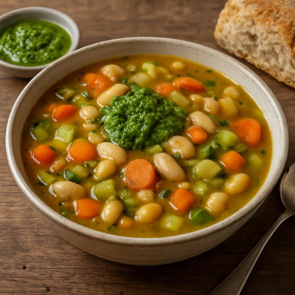 Entree: France – Provence – Soupe au Pistou (Hearty Provençal vegetable and bean soup finished with a basil-garlic olive oil emulsion) recipe