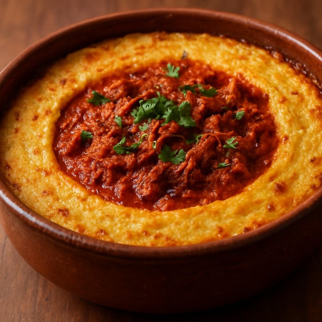 Entree: Mexico – Veracruz – Tamal de Cazuela (Casserole-style savory tamale baked in a shallow pot with masa and red chile pork) recipe