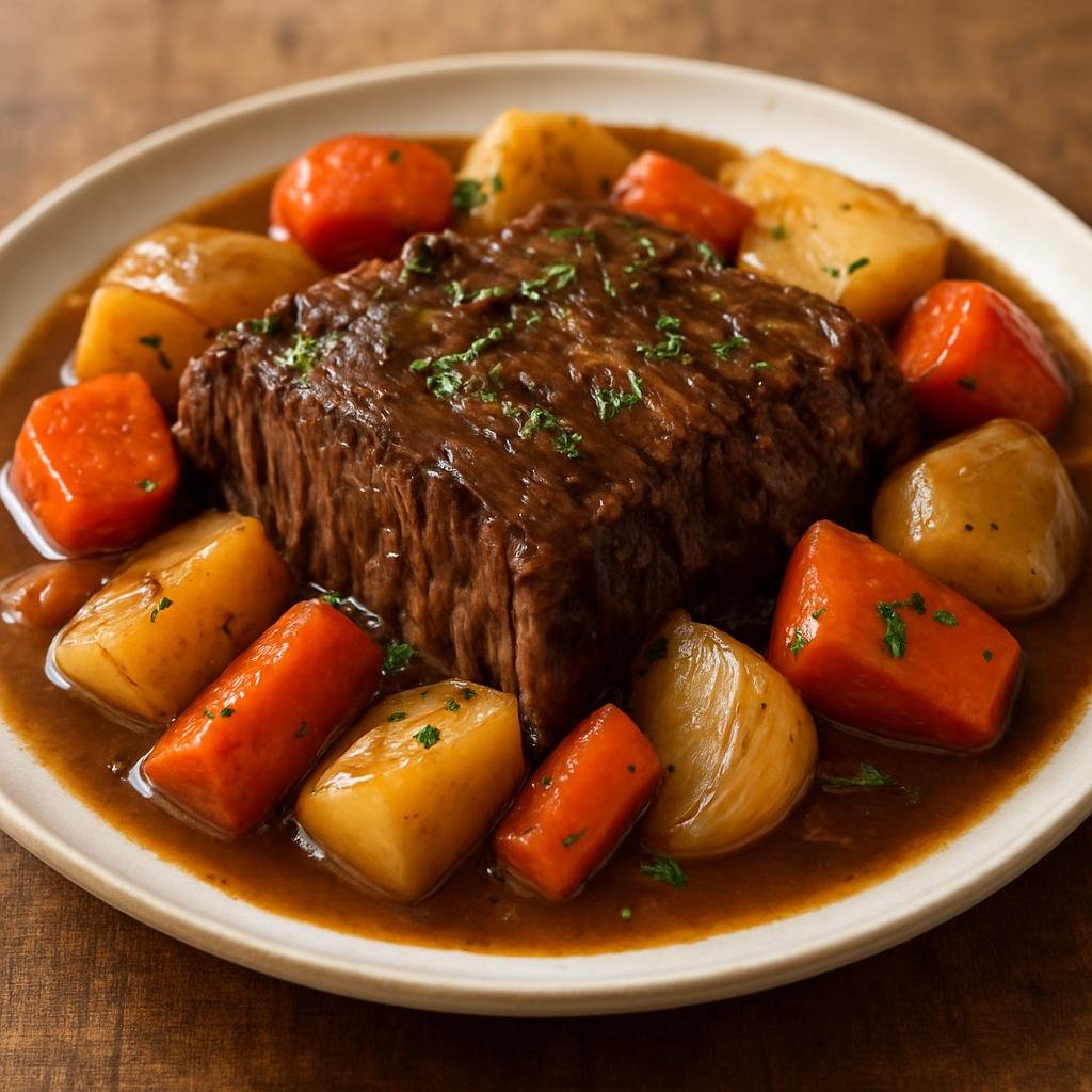 Entree: United States – New England – Yankee Pot Roast (Slow-braised beef pot roast with root vegetables in a rich savory gravy) recipe