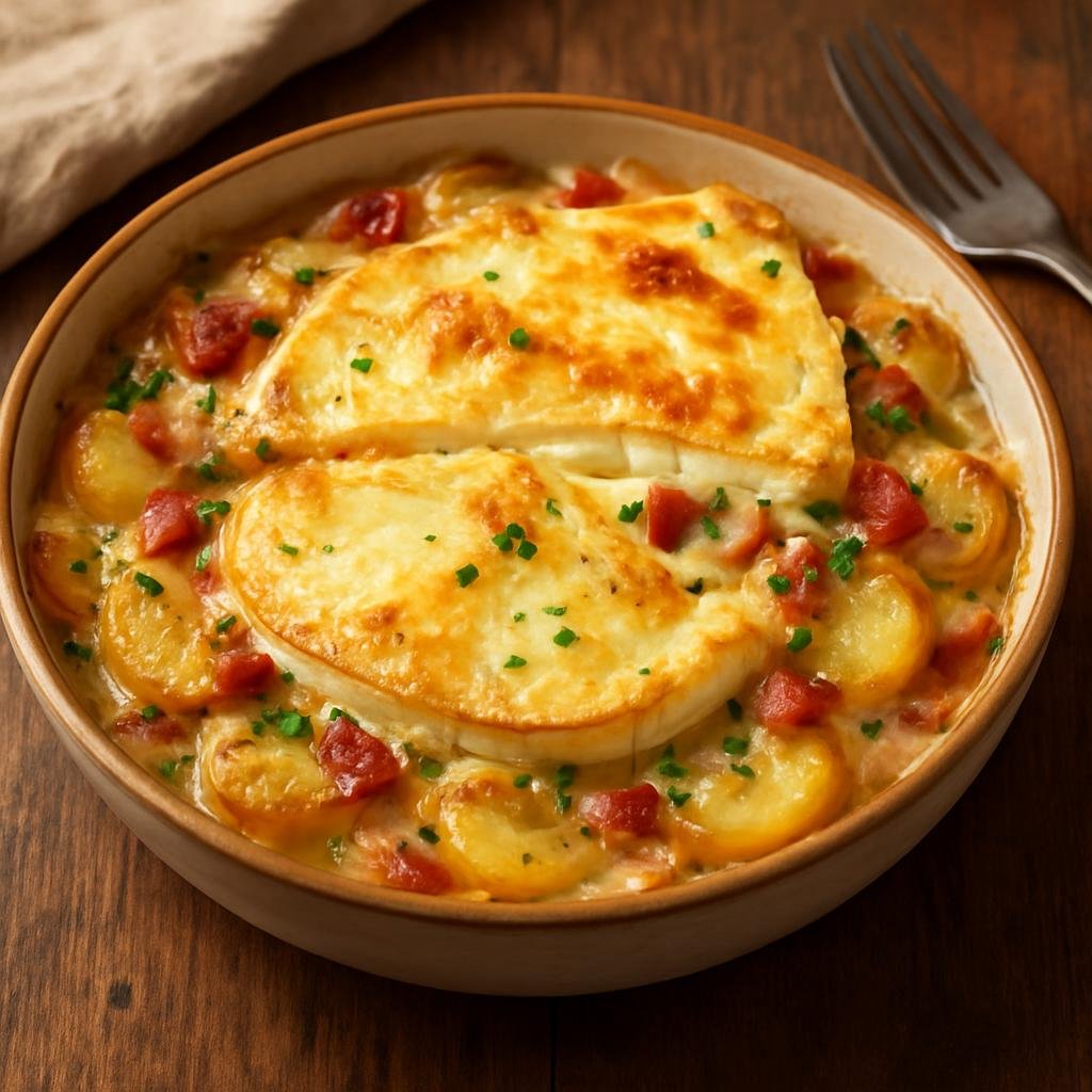 Entree: France – Savoy / Alps – Tartiflette (Creamy Alpine potato casserole with bacon and melted Reblochon cheese) recipe