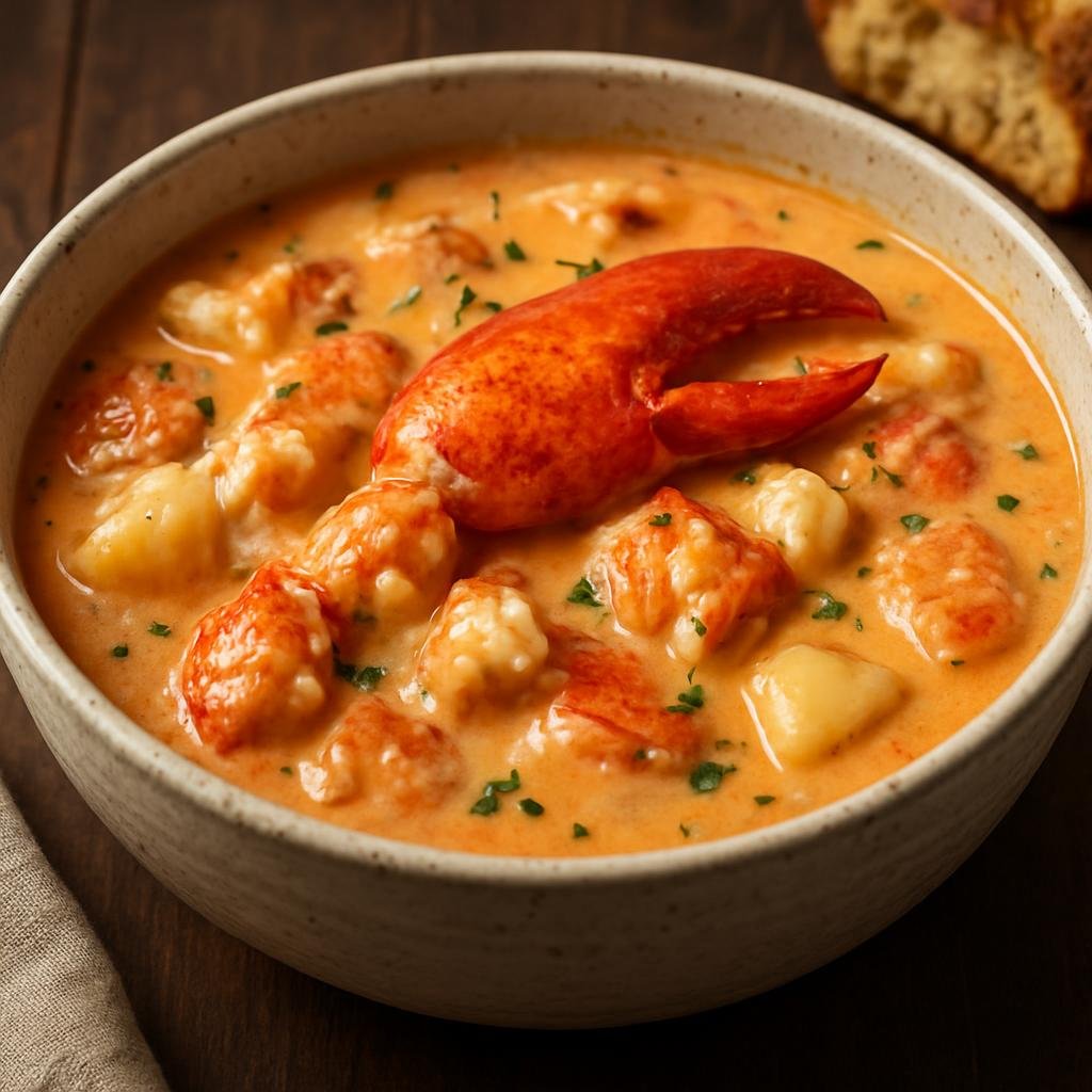 Entree: United States – New England – Maine Lobster Stew (A New England-style creamy tomato-and-cream stew of tender Maine lobster simmered in a buttery broth) recipe