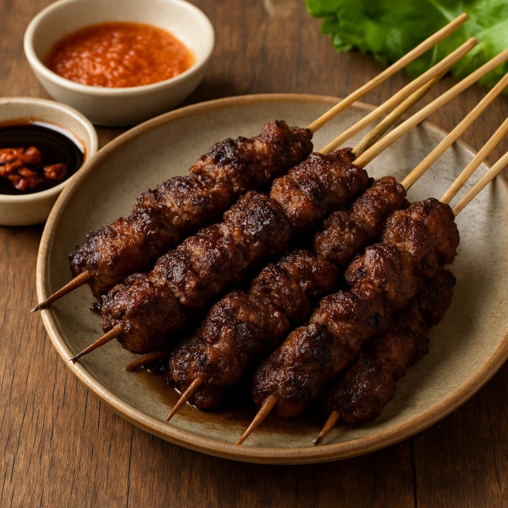 Entree: Indonesia – Sundanese West Java – Sate Maranggi (West Javanese charcoal-grilled marinated beef skewers served with sweet soy and tangy dipping sauces) recipe