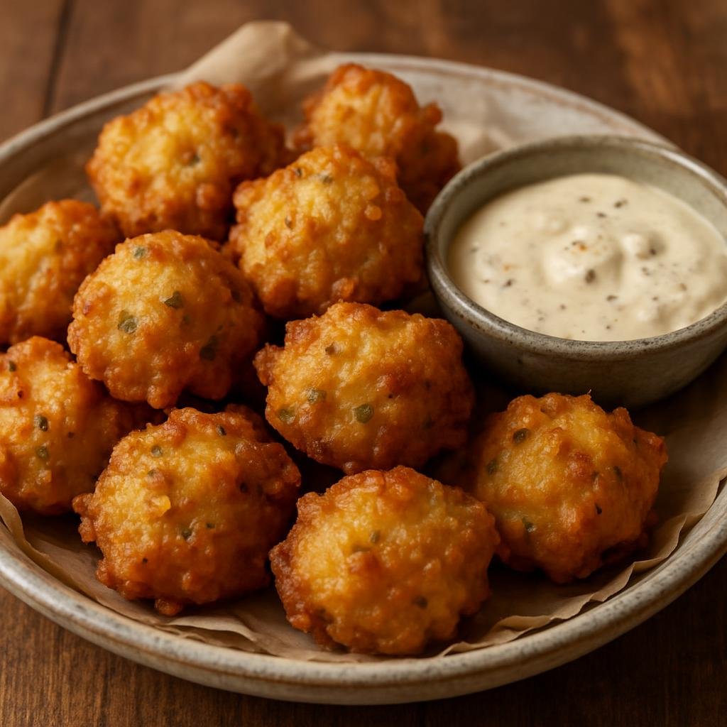 Entree: United States – New England – Rhode Island Clam Cakes (Deep-fried savory batter fritters studded with fresh clams, a classic Rhode Island seafood preparation) recipe