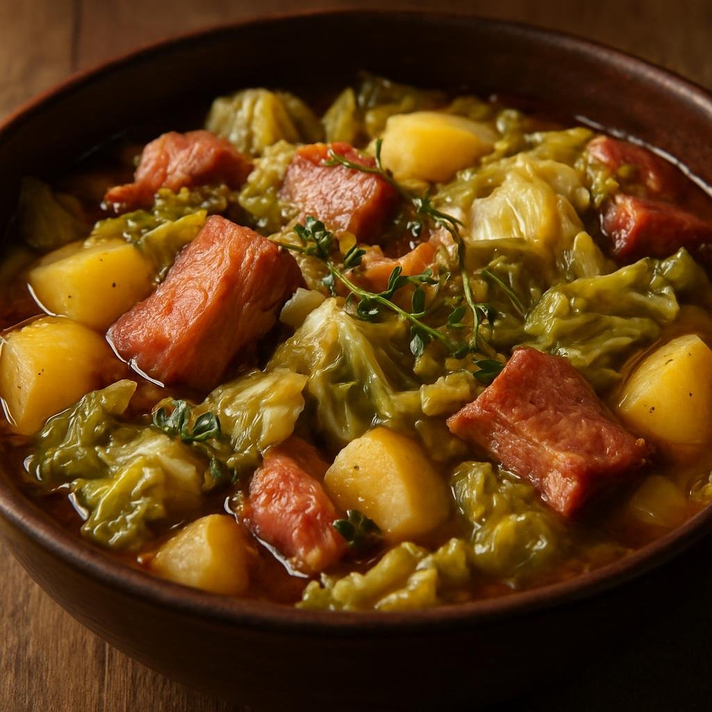 Entree: France – Savoy / Alps – Matouille (Hearty Savoyard mountain stew of potatoes, cabbage, and smoked pork simmered with wine and herbs) recipe