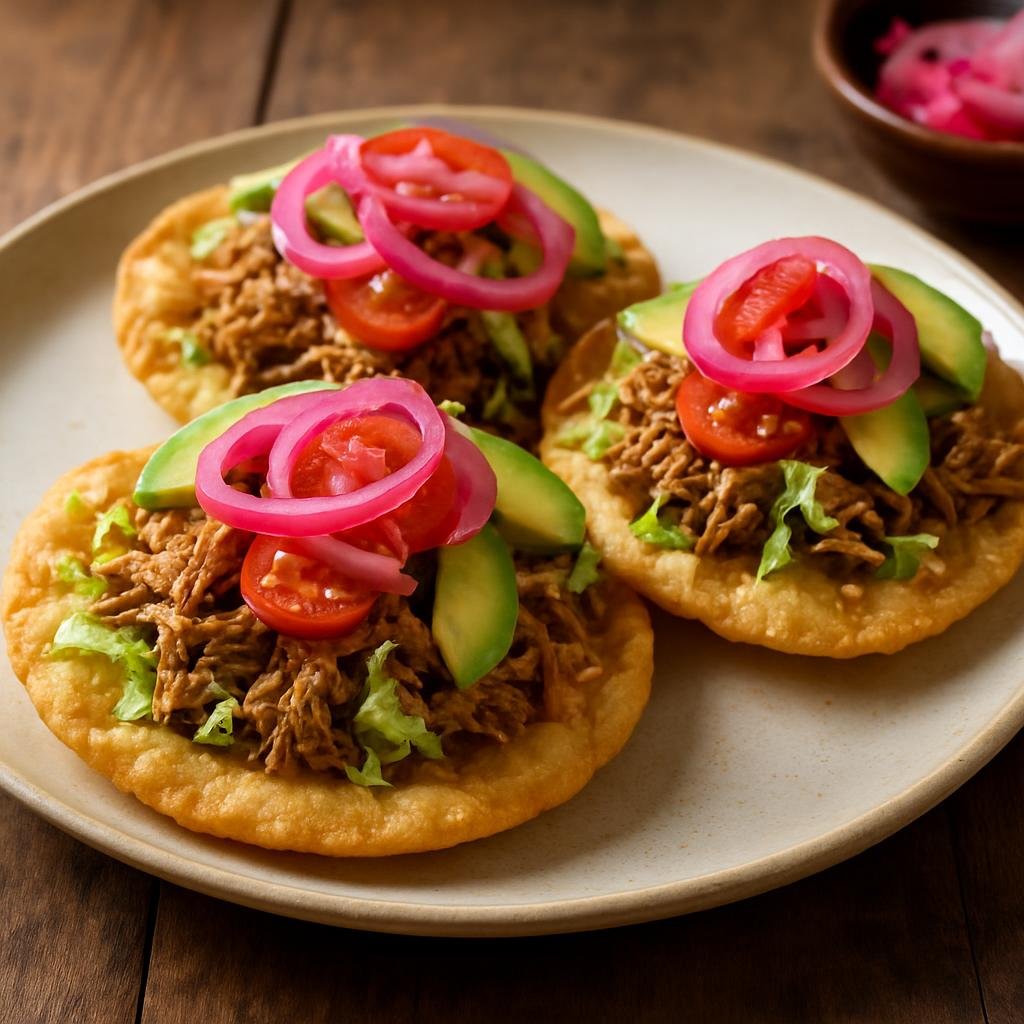 Entree: Mexico – Yucatan – Salbutes (puffed fried corn tortillas topped with shredded meat, lettuce, tomato, avocado, and pickled onions) recipe