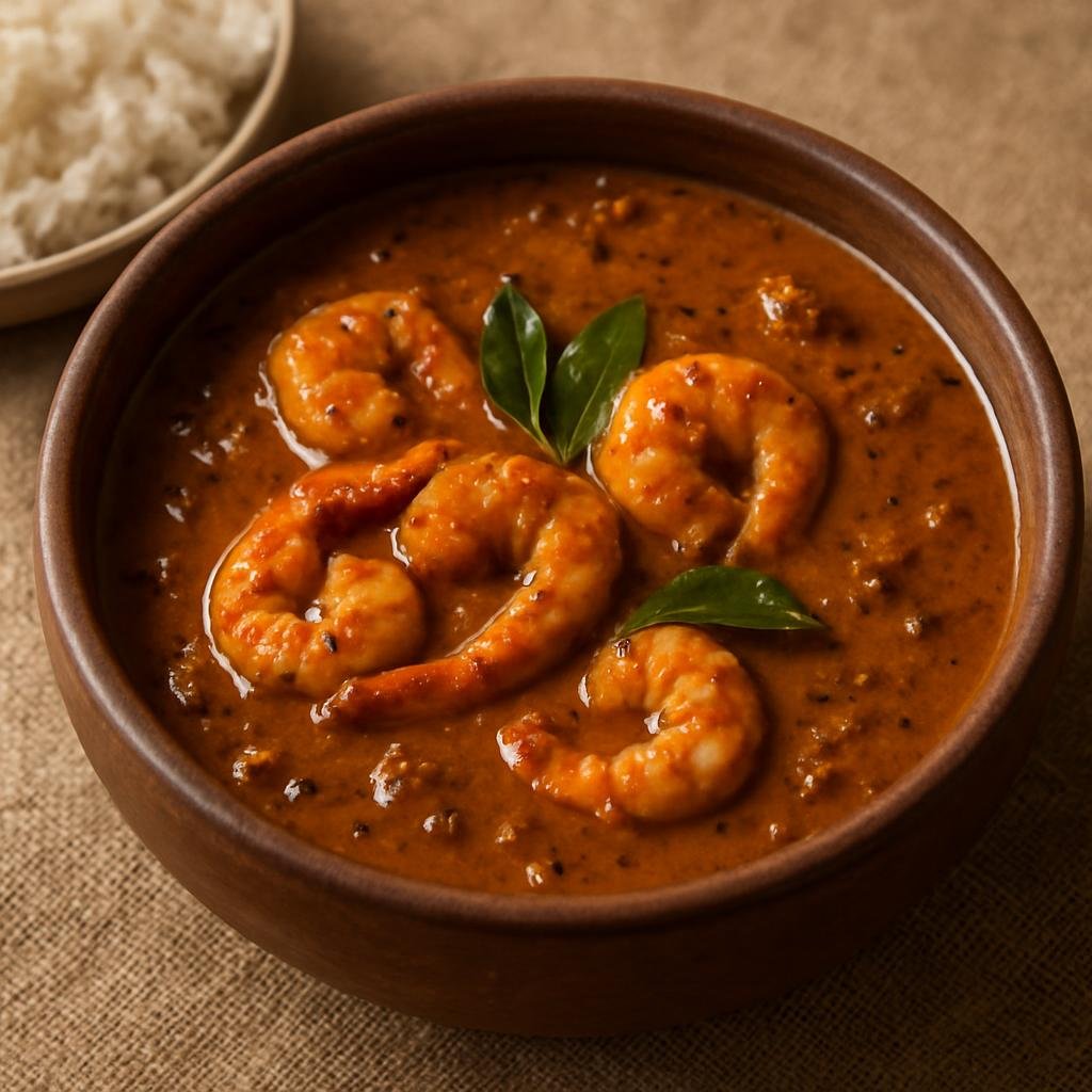 Entree: India – Kerala Travancore – ഈയൽ ➤ Īyāl (Kerala roasted-coconut and spice curry simmered with tamarind and prawns or vegetables) recipe