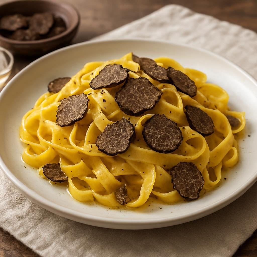 Entree: Italy – Veneto – Tagliatelle al Tartufo (Fresh ribbon pasta dressed with truffle-flavored butter and shaved black truffle) recipe