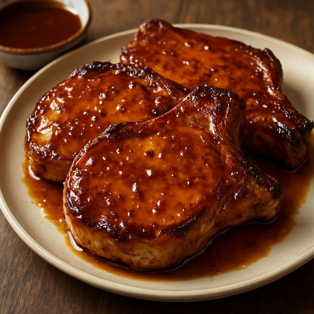 Entree: United States – New England – Maple-Glazed Pork Chops (Pan-seared bone-in pork chops brushed with a sweet and tangy maple glaze) recipe