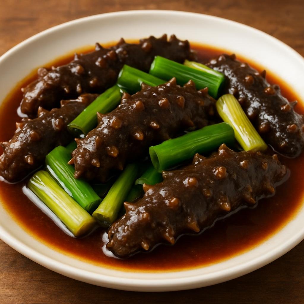Entree: China – Shandong – 葱烧海参 ➤ Cong shao haishen (Braised sea cucumber simmered with scallions in a savory soy-based glaze) recipe