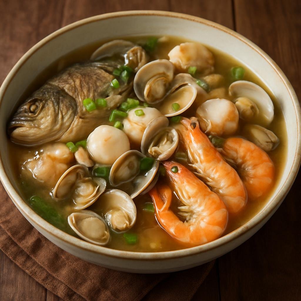 Entree: China – Shandong – 胶东海鲜炖 ➤ Jiāodōng hǎixiān dùn (A clear, aromatic seafood stew of mixed local fish and shellfish from the Jiaodong coast) recipe