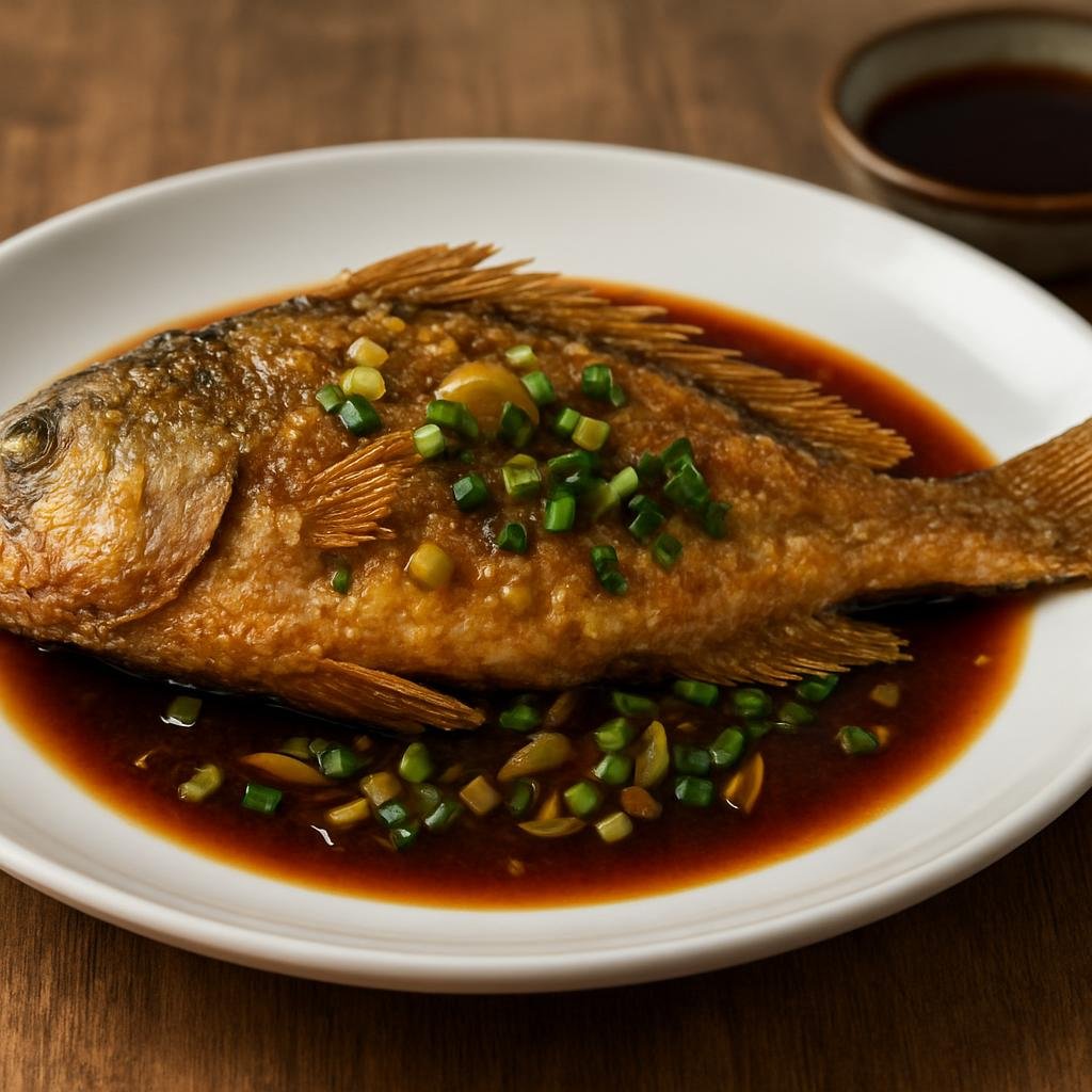 Entree: China – Shandong – 炸黄花鱼 ➤ zhá huánghuā yú (Whole yellow croaker lightly coated and deep-fried until crisp, served with a hot scallion-ginger soy dressing) recipe