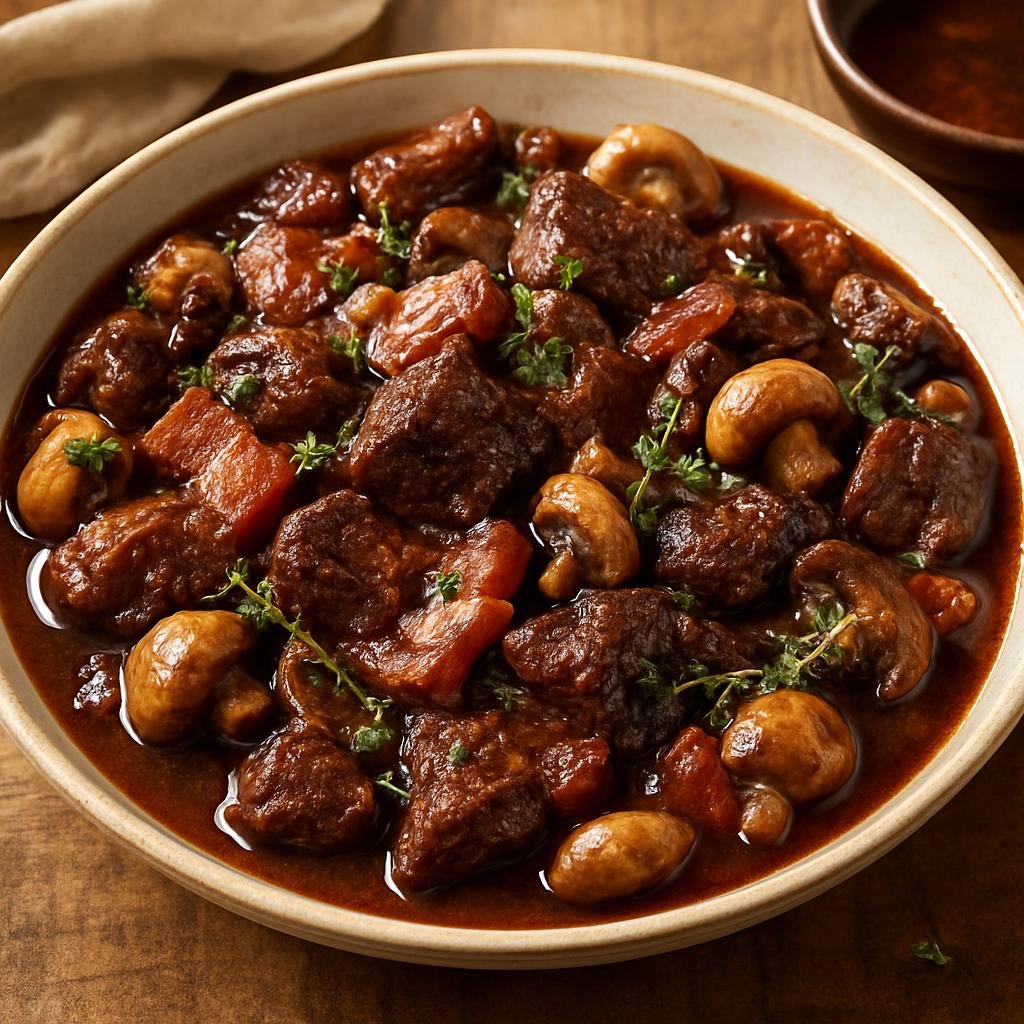 Entree: France – Southwest France – Civet de Sanglier (Slow-braised wild boar stew cooked in red wine with mushrooms, bacon, and aromatic herbs) recipe