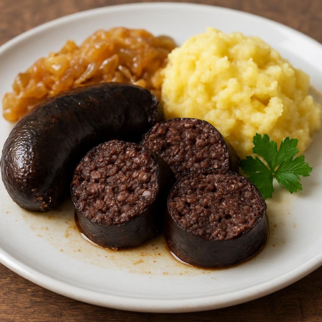 Entree: France – Southwest France – Boudin Noir (Traditional French blood sausage made from pork blood, pork meat and fat, aromatics, and breadcrumbs) recipe