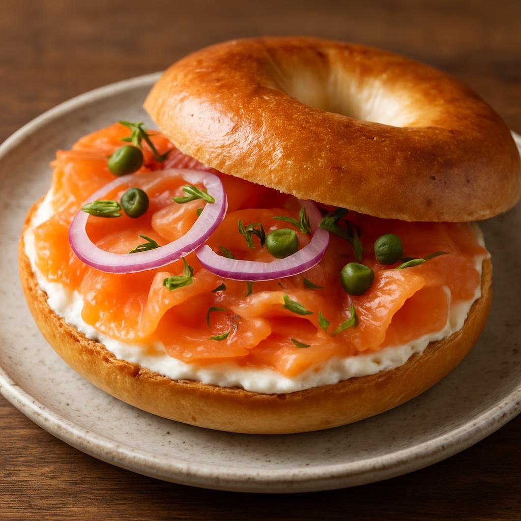 Entree: United States – New York City – Bagel with Lox (Toasted chewy ring bread topped with silky smoked salmon, cream cheese and classic garnishes) recipe