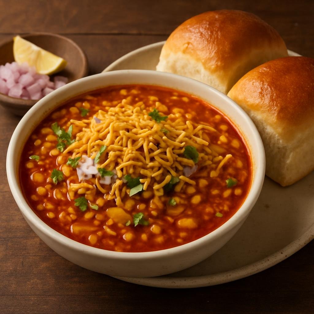 Entree: India – Maharashtra – मिसळ पाव ➤ Misal Pāv (Spicy sprouted lentil curry with a thin spicy broth topped with crunchy farsan and served with buttered bread rolls) recipe