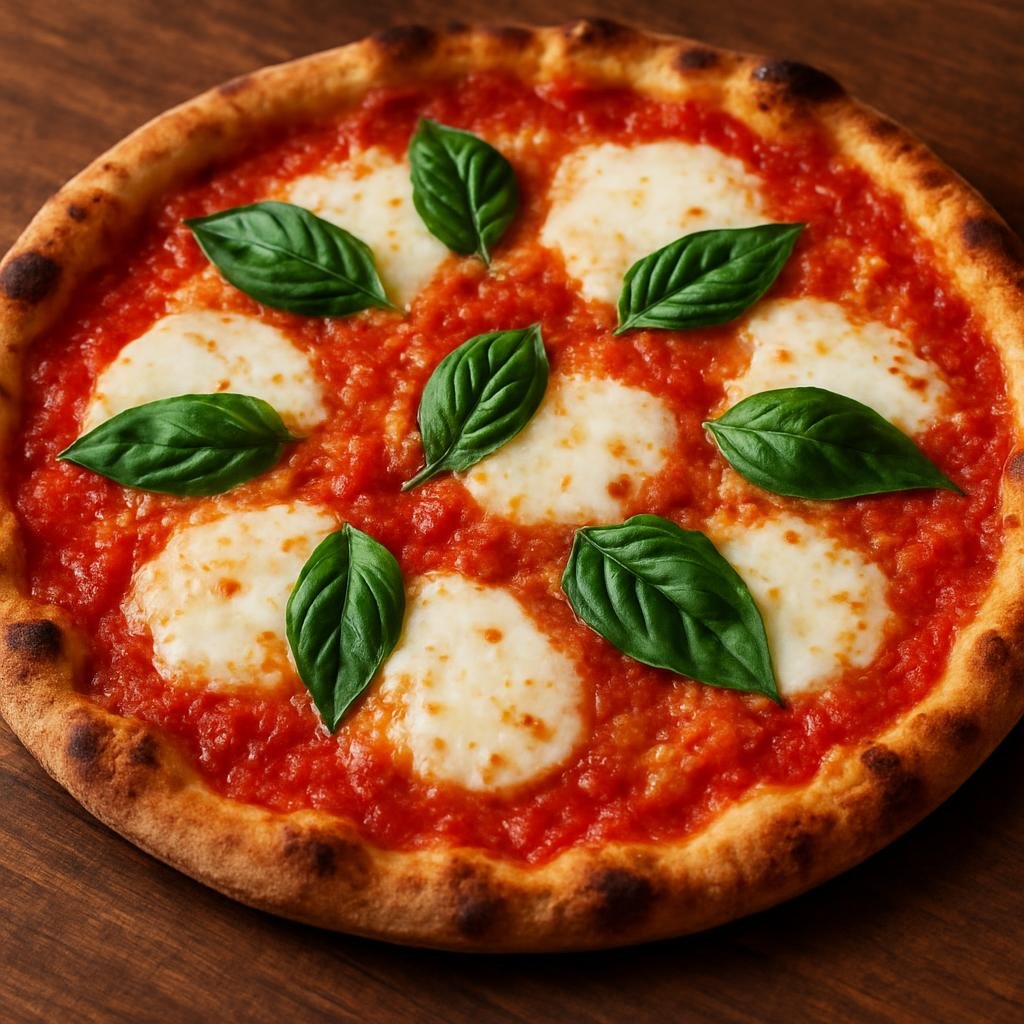 Entree: United States – New York City – Pizza Margherita (Classic thin-crust pizza topped with bright tomato sauce, fresh mozzarella, and basil) recipe