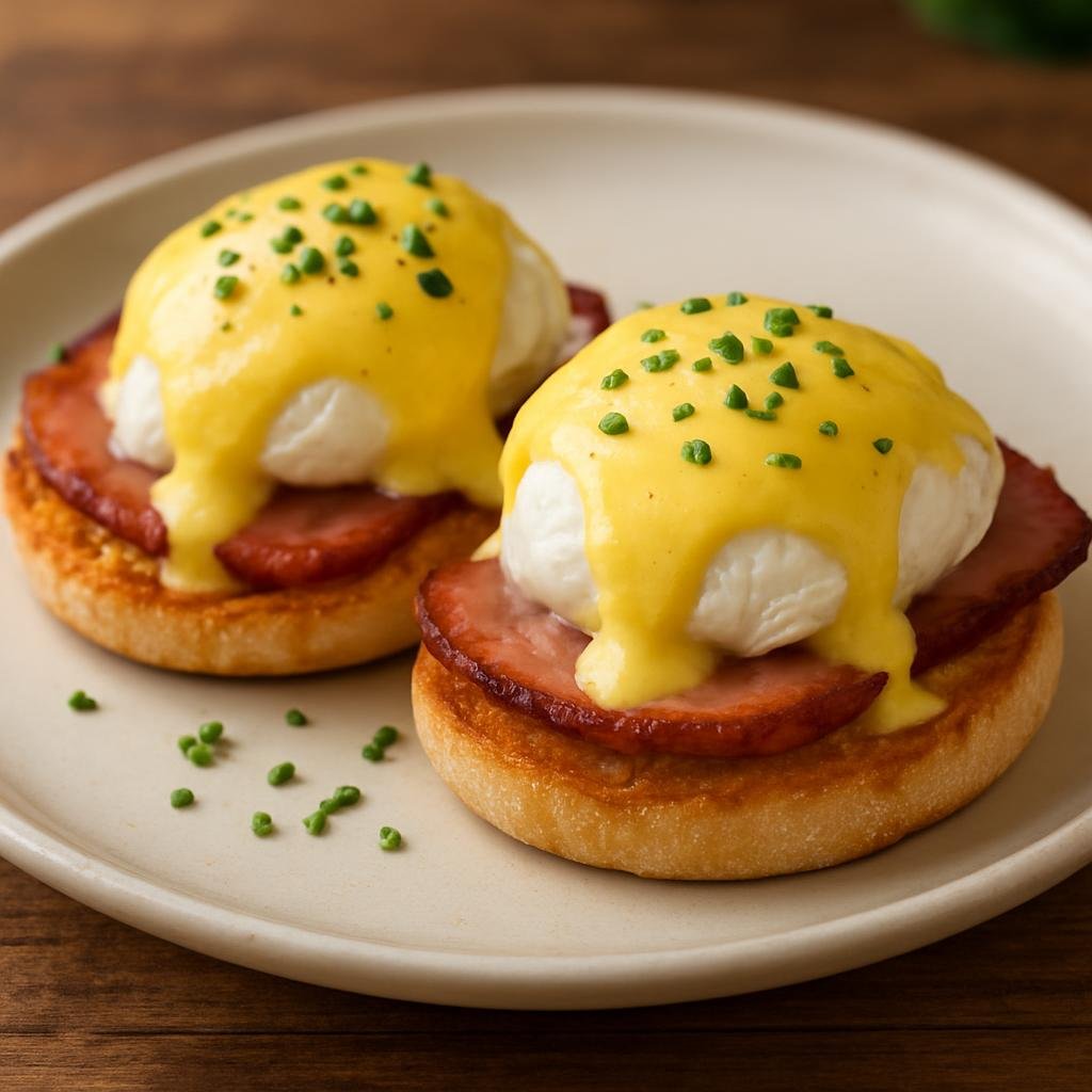 Entree: United States – New York City – Eggs Benedict (Poached eggs and cured pork on toasted English muffins finished with a rich emulsified butter and lemon hollandaise) recipe