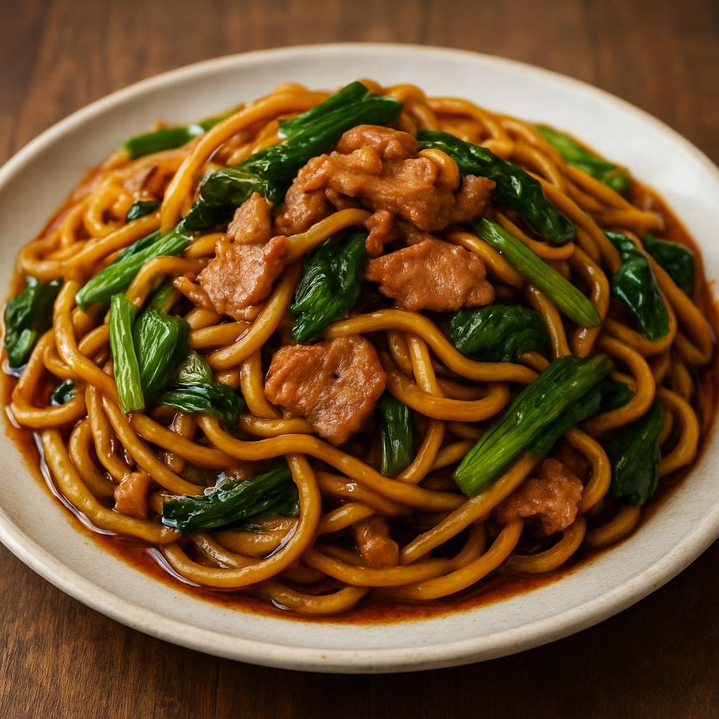 Entree: China – Shanghai / Hu Cuisine – 上海炒面 ➤ Shànghǎi chǎo miàn (Stir-fried thick wheat noodles with pork and leafy greens in a savory soy-based sauce) recipe