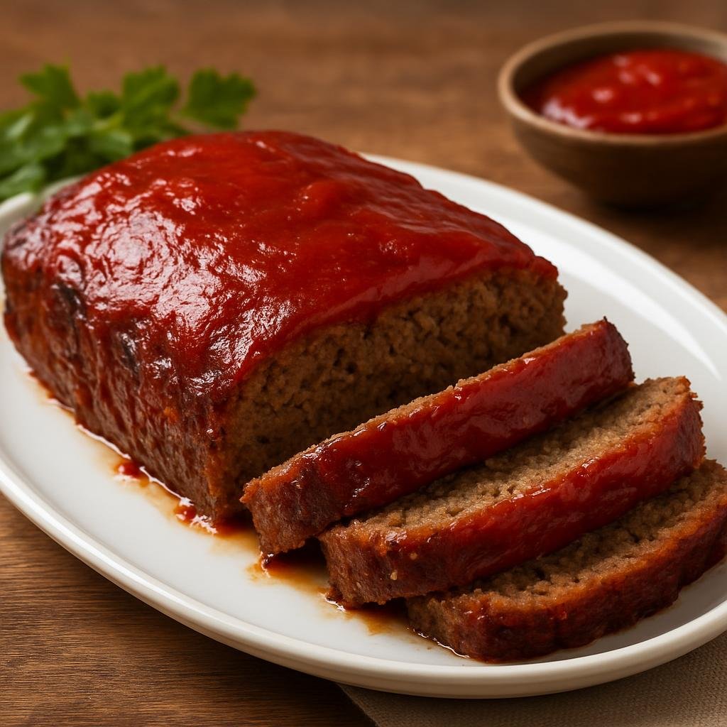 Entree: United States – Ozarks – Ozark Meatloaf (Hearty baked seasoned ground beef loaf with a savory tomato glaze) recipe