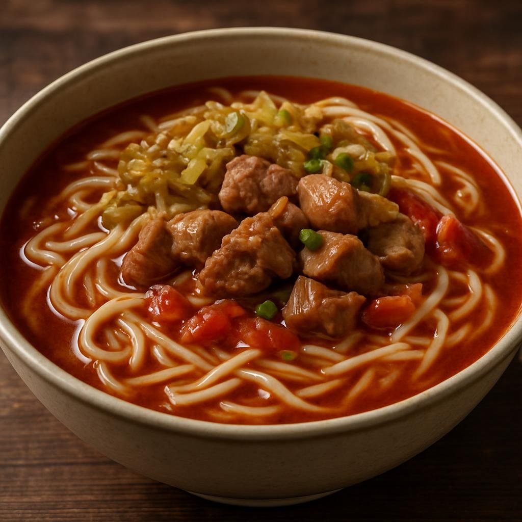 Entree: China – Shanxi – 山西酸汤面 ➤ Shānxī Suāntāng Miàn (Wheat noodles served in a tangy Shanxi sour tomato-and-vinegar broth with pork and pickled vegetables) recipe