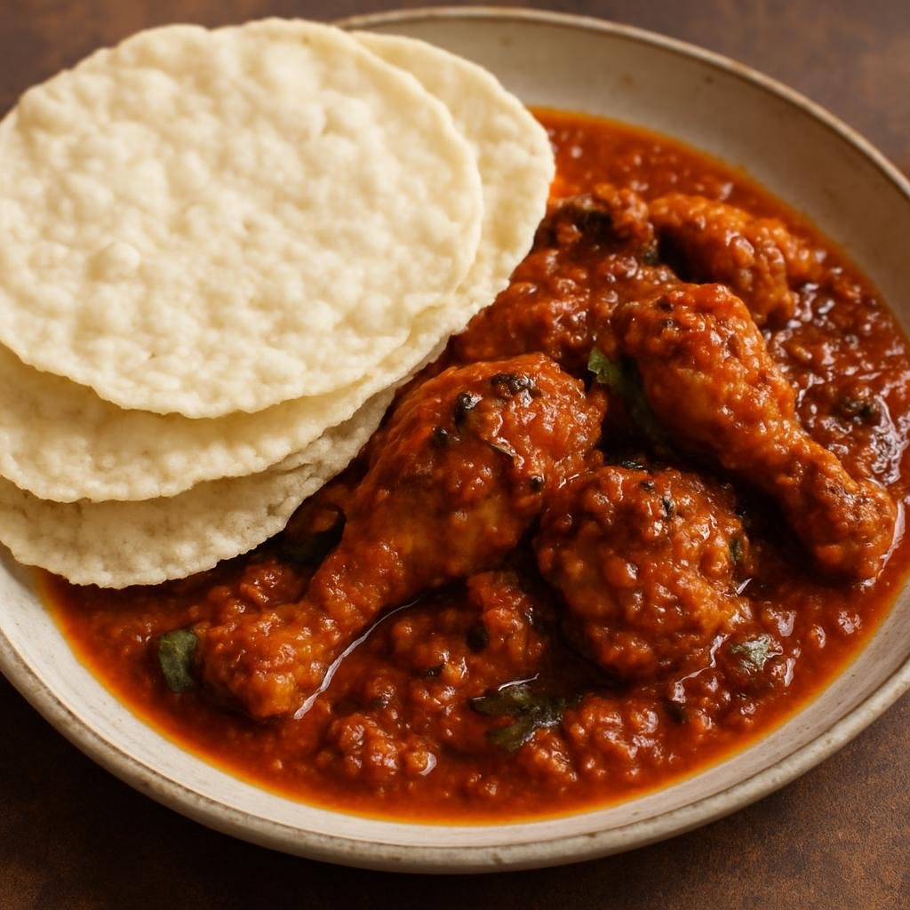 Entree: India – Mangalorean – ಕೋರಿ ರೊಟ್ಟಿ ➤ Kōri Roṭṭi (Spicy Mangalorean bone-in chicken curry served with crisp dry rice wafers that are softened with the gravy) recipe