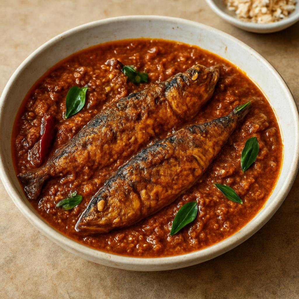 Entree: India – Mangalorean – ಬಂಗಡೆ ಪುಳிமುಂಚಿ ➤ Bangade Pulimunchi (Tamarind-spiced Mangalorean mackerel curry with a roasted spice-coconut paste) recipe