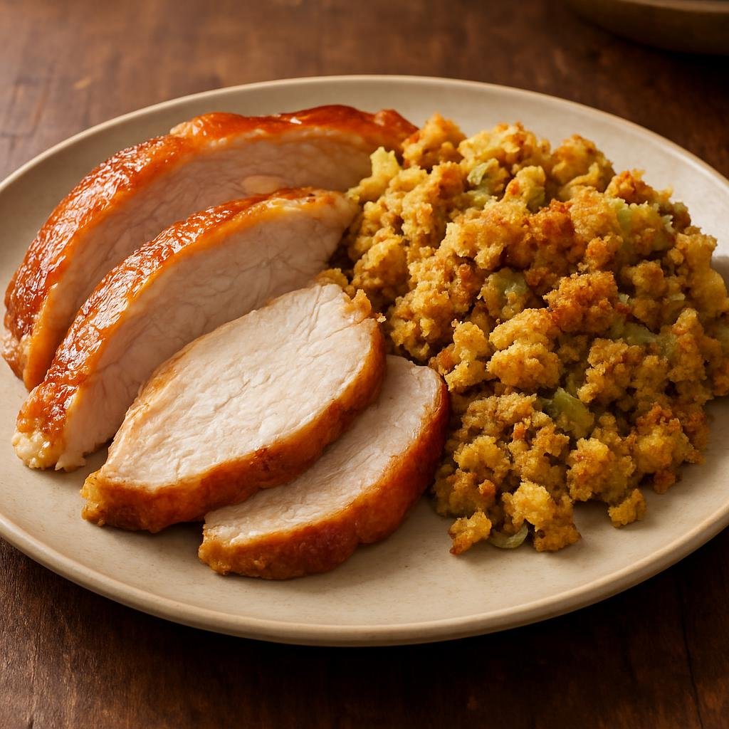 Entree: United States – Ozarks – Turkey and Dressing (Roast turkey served with a savory cornbread-and-herb dressing typical of the Ozarks) recipe