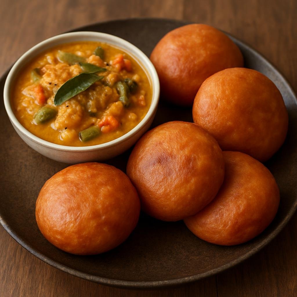 Entree: India – Mangalorean – ಮಂಗಳೂರು ಬನ್ಸ್ ಮತ್ತು ತರಕಾರಿ ಕರಿ ➤ Mangalūru bans mattu tarakāri kari (Soft sweet banana buns served with a spiced coconut-based Mangalorean vegetable curry) recipe