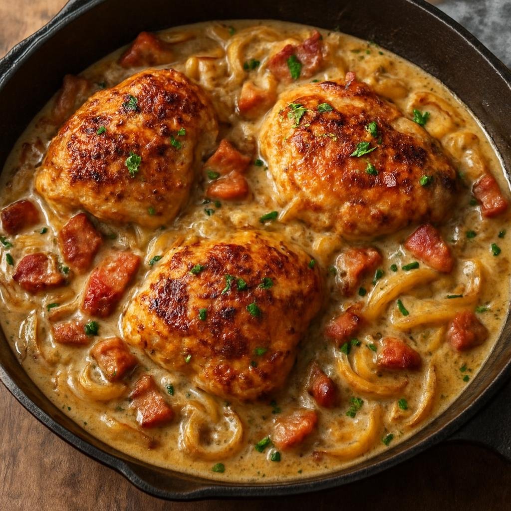 Entree: United States – Ozarks – Ozark Mountain Chicken (Rustic skillet chicken braised with bacon, onions, and a creamy pan gravy) recipe