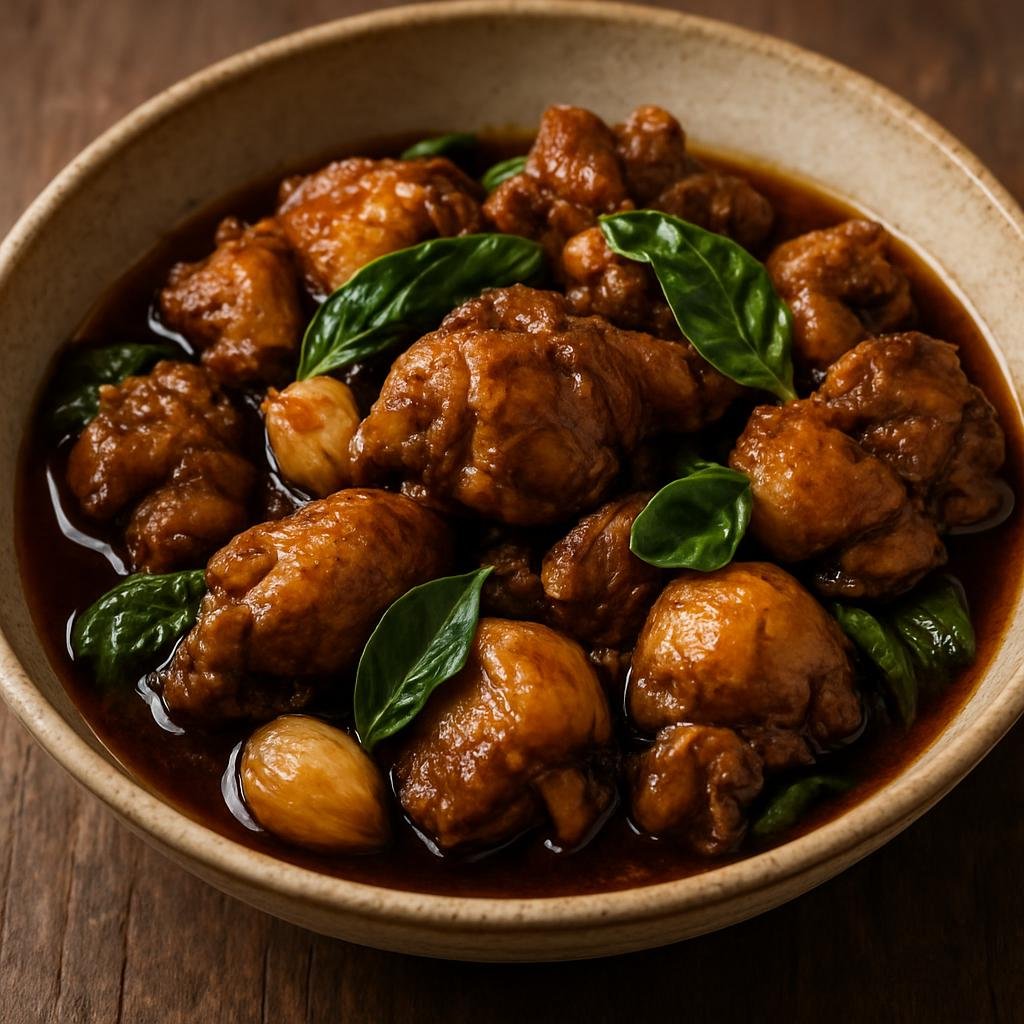 Entree: China – Taiwanese Chinese – 三杯雞 ➤ San bei ji (Braised chicken cooked in equal parts sesame oil, soy sauce, and rice wine with garlic and basil) recipe