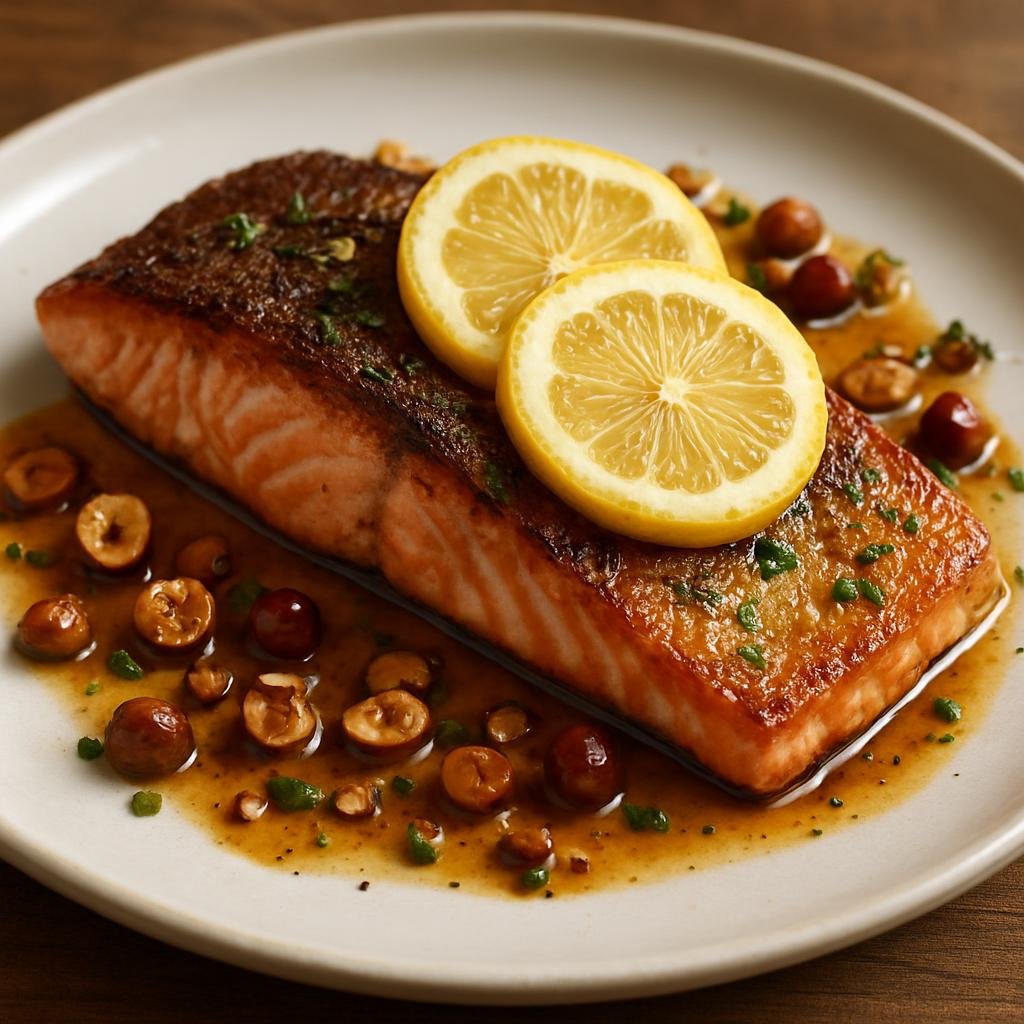 Entree: United States – Pacific Northwest – Columbia River Steelhead Trout (Pan-seared or grilled steelhead trout fillets showcasing Pacific Northwest flavors with lemon, brown butter, and hazelnut) recipe