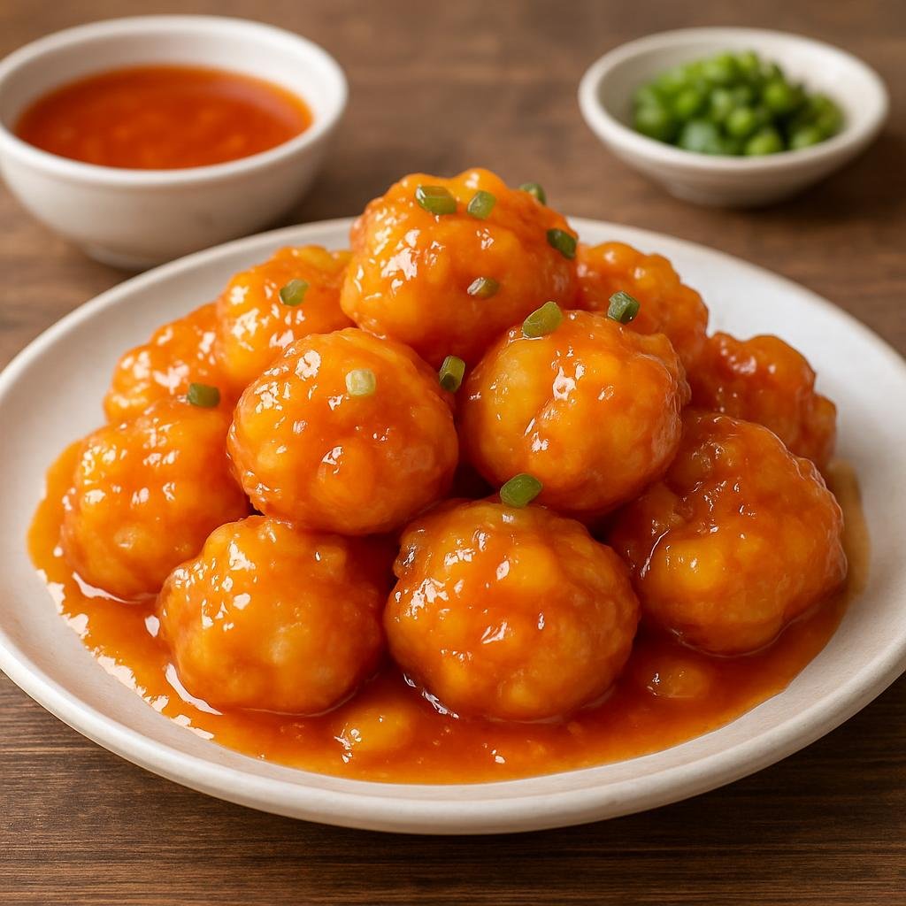 Entree: China – Taiwanese Chinese – 鳳梨蝦球 ➤ Fènglí xiāqiú (Deep-fried shrimp balls glazed in a sweet and tangy pineapple sauce) recipe