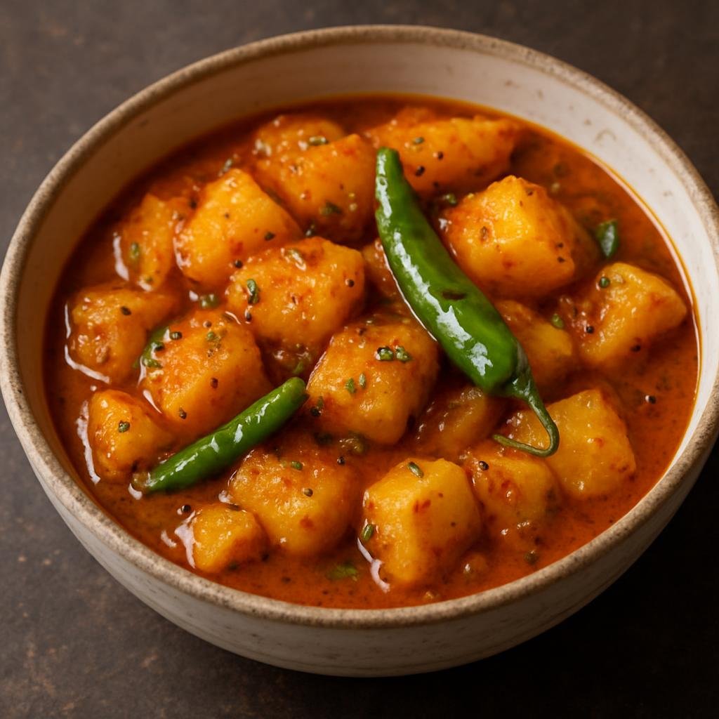 Entree: India – Manipur – Aloo Kangmet (Simple Manipuri-style spiced potato curry finished with mustard oil and green chiles) recipe