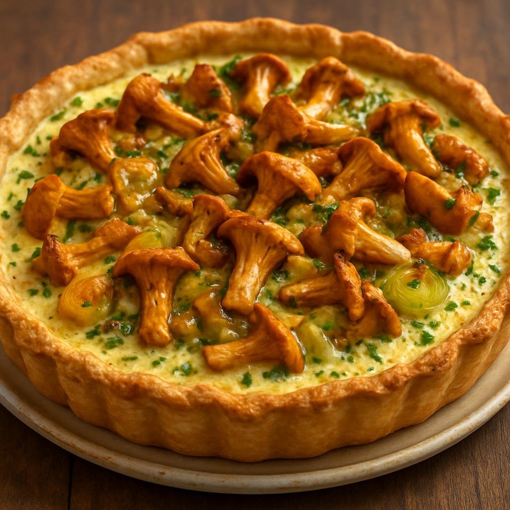 Entree: United States – Pacific Northwest – Chanterelle Mushroom Tart (Savory open tart with chanterelle mushrooms, caramelized leeks, and herbed egg-cream filling) recipe