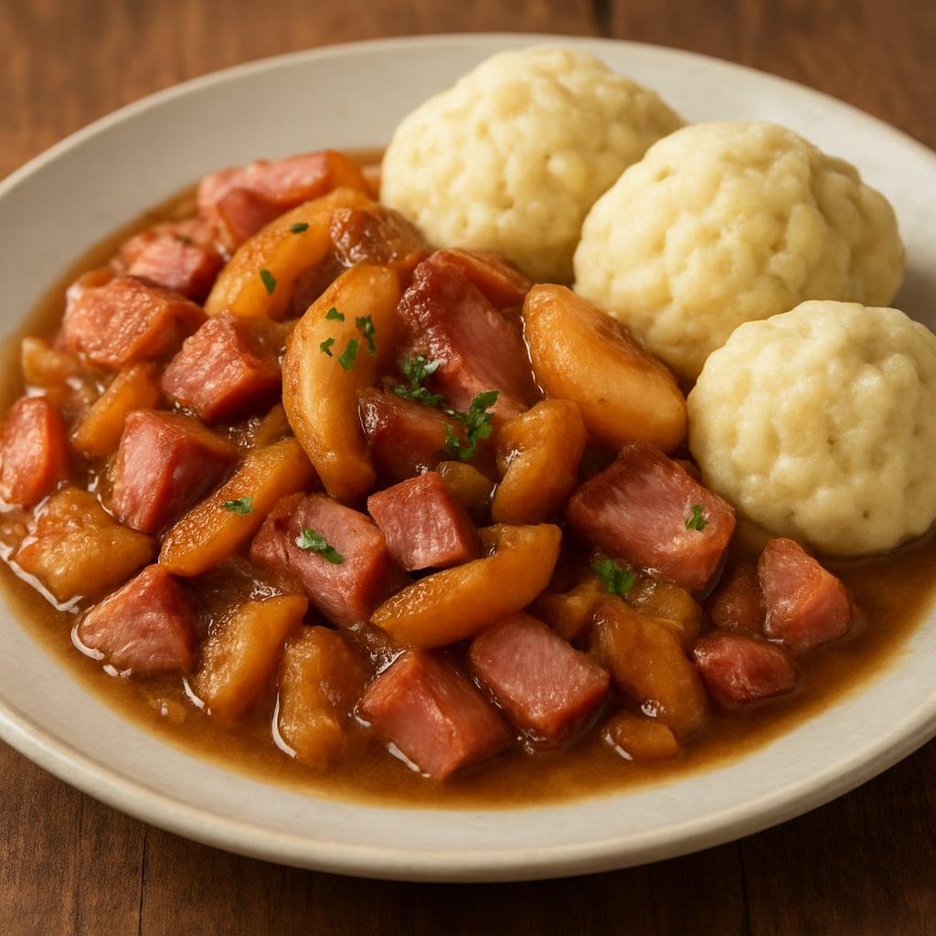 Entree: United States – Pennsylvania Dutch Country – Schnitz un Knepp (Stewed smoked ham with dried apples and soft yeast dumplings) recipe