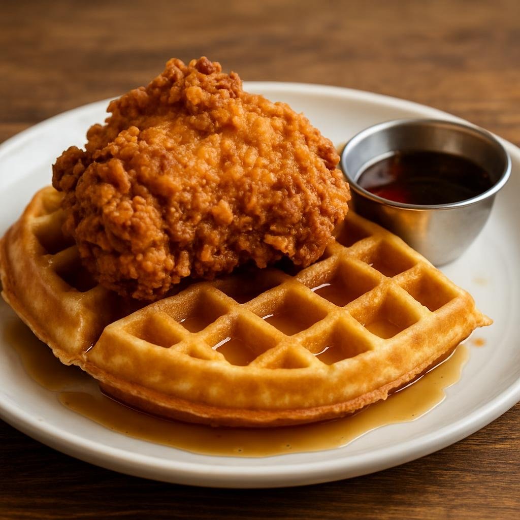 Entree: United States – Pennsylvania Dutch Country – Chicken and Waffles (Crispy buttermilk fried chicken served with hot hearty waffles and syrup) recipe